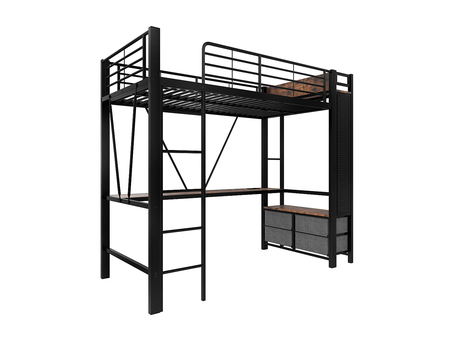 Lit mezzanine 90x200 cm - avec bureau + étendoir à linge - 4 tiroirs - prises USB + TYPE-C - bande lumineuse LED - noir