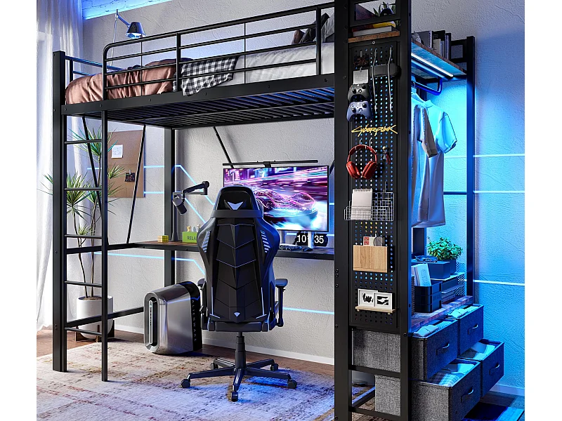 Lit mezzanine 90x200 cm - avec bureau + étendoir à linge - 4 tiroirs - prises USB + TYPE-C - bande lumineuse LED - noir