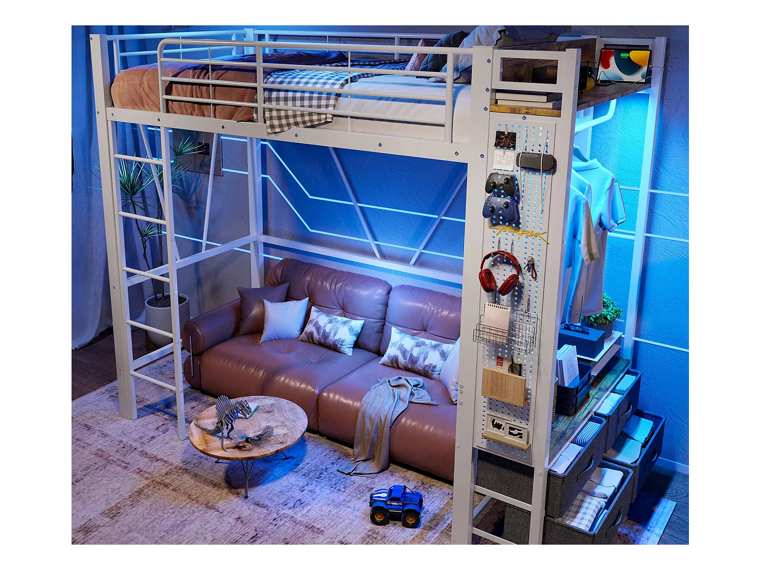 Lit mezzanine 90x200 cm - avec étendoir - 4 tiroirs - avec prise USB+TYPE-C - éclairage LED - blanc