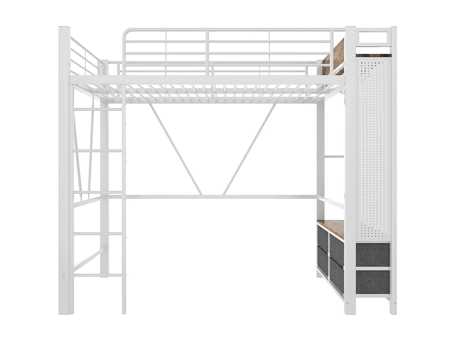 Hochbett 90×200 cm - mit Wäschestange - 4 Schubladen - mit USB/TYPE-C-Anschluss - LED-Beleuchtung - weiß