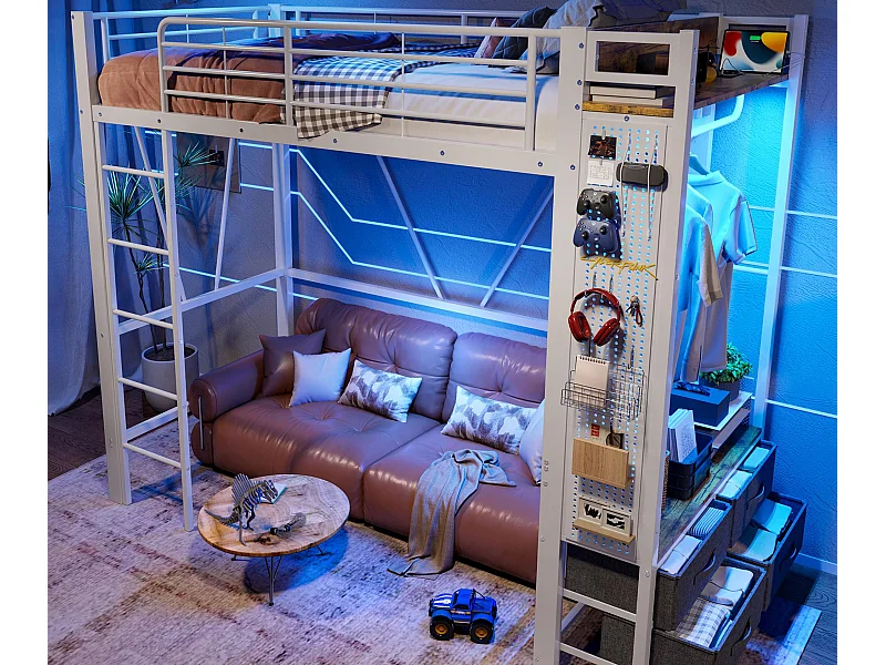 Lit mezzanine 90x200 cm - avec étendoir - 4 tiroirs - avec prise USB+TYPE-C - éclairage LED - blanc