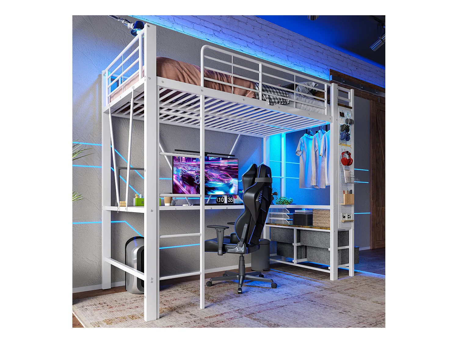 Łóżko piętrowe 90×200 cm - z biurkiem + suszarką na ubrania - 4 szuflady - porty USB + TYPE-C - taśma LED - białe