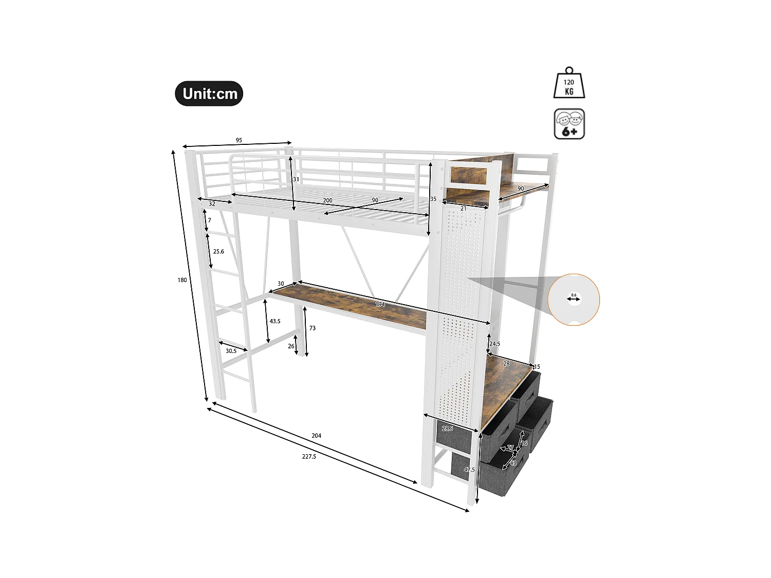 Łóżko piętrowe 90×200 cm - z biurkiem + suszarką na ubrania - 4 szuflady - porty USB + TYPE-C - taśma LED - białe