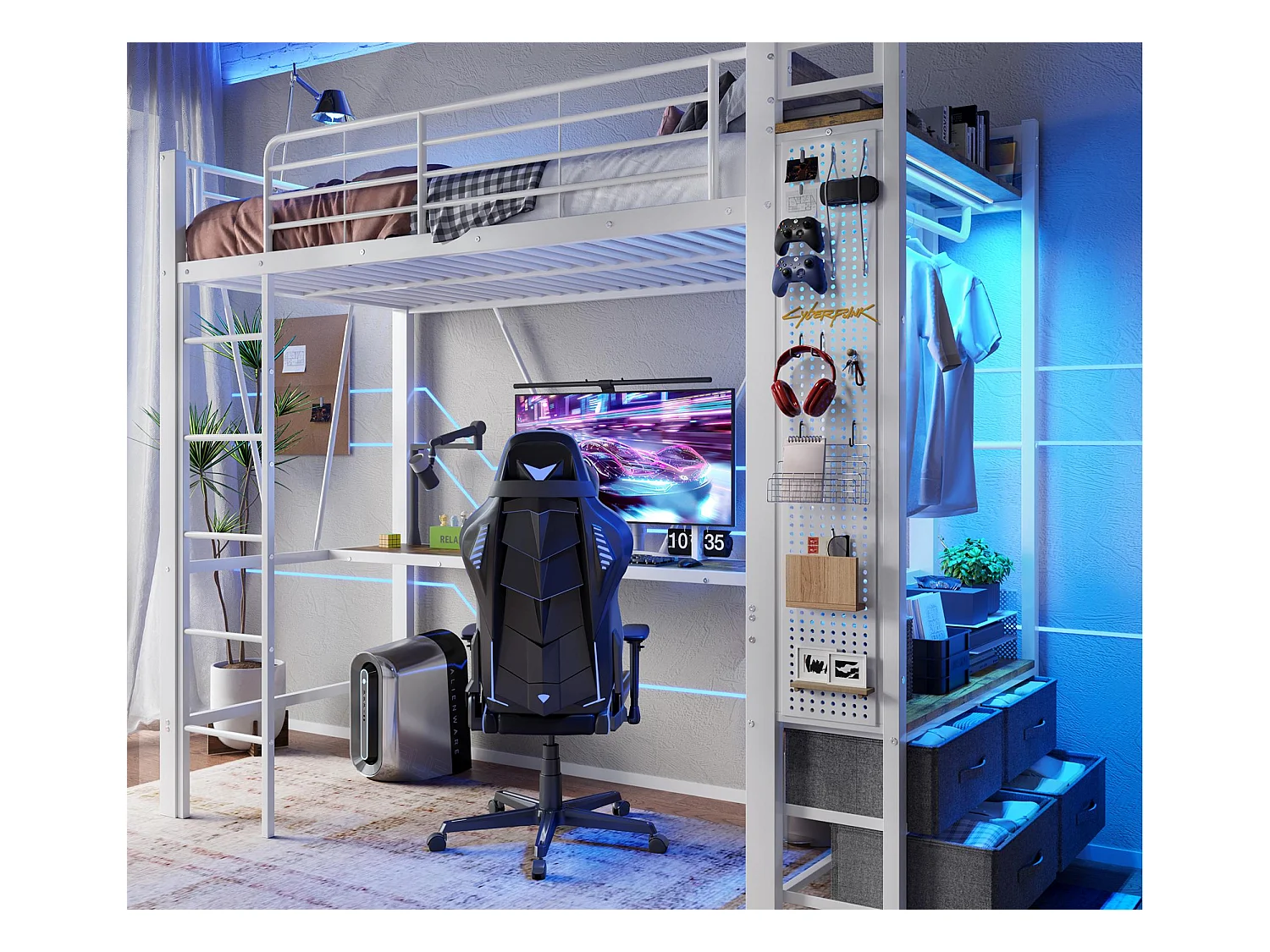 Lit mezzanine 90x200 cm - avec bureau + étendoir à linge - 4 tiroirs - prises USB + TYPE-C - bande lumineuse LED - blanc