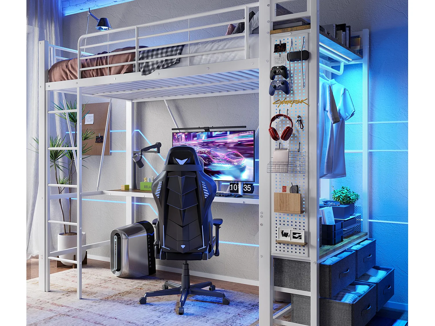 Lit mezzanine 90x200 cm - avec bureau + étendoir à linge - 4 tiroirs - prises USB + TYPE-C - bande lumineuse LED - blanc