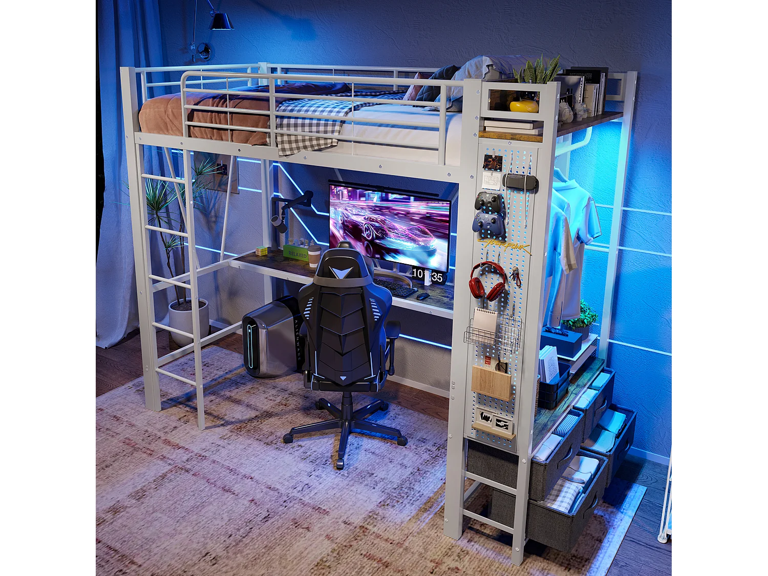 Lit mezzanine 90x200 cm - avec bureau + étendoir à linge - 4 tiroirs - prises USB + TYPE-C - bande lumineuse LED - blanc