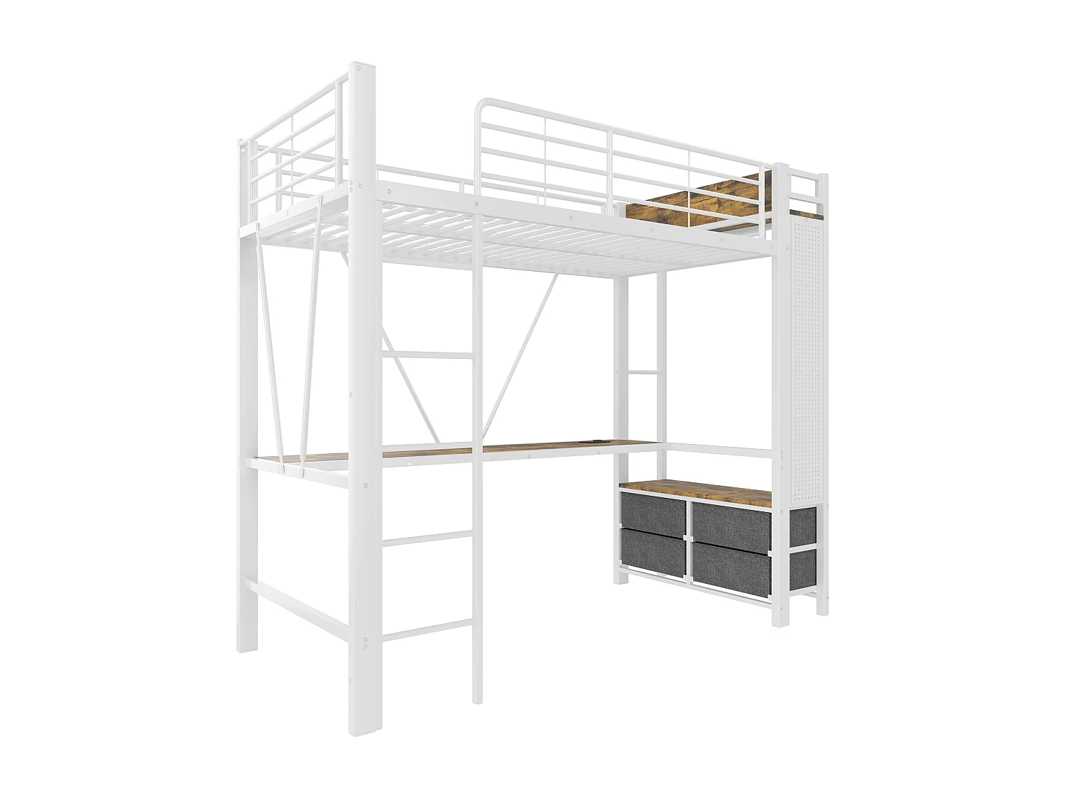 Lit mezzanine 90x200 cm - avec bureau + étendoir à linge - 4 tiroirs - prises USB + TYPE-C - bande lumineuse LED - blanc