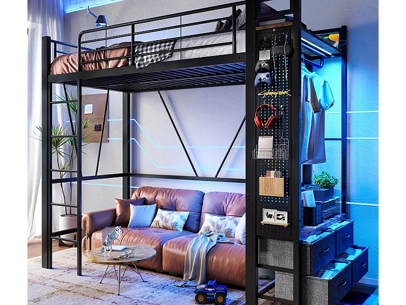 Lit mezzanine 90x200 cm - avec étendoir - 4 tiroirs - avec prise USB+TYPE-C - éclairage LED - noir