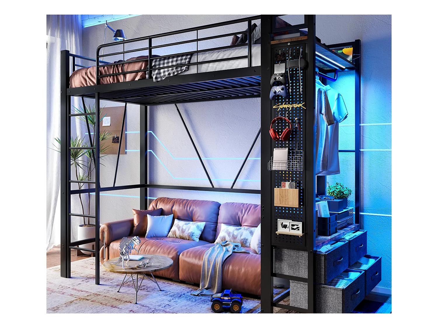 Lit mezzanine 90x200 cm - avec étendoir - 4 tiroirs - avec prise USB+TYPE-C - éclairage LED - noir