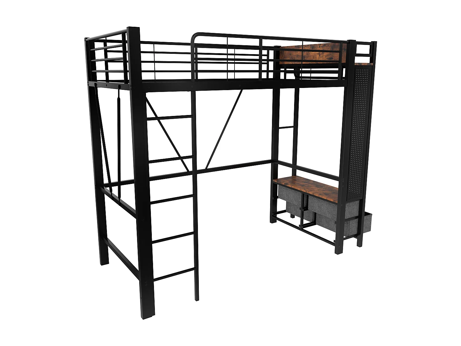 Hochbett 90×200 cm - mit Wäschestange - 4 Schubladen - mit USB/TYPE-C-Anschluss - LED-Beleuchtung - schwarz