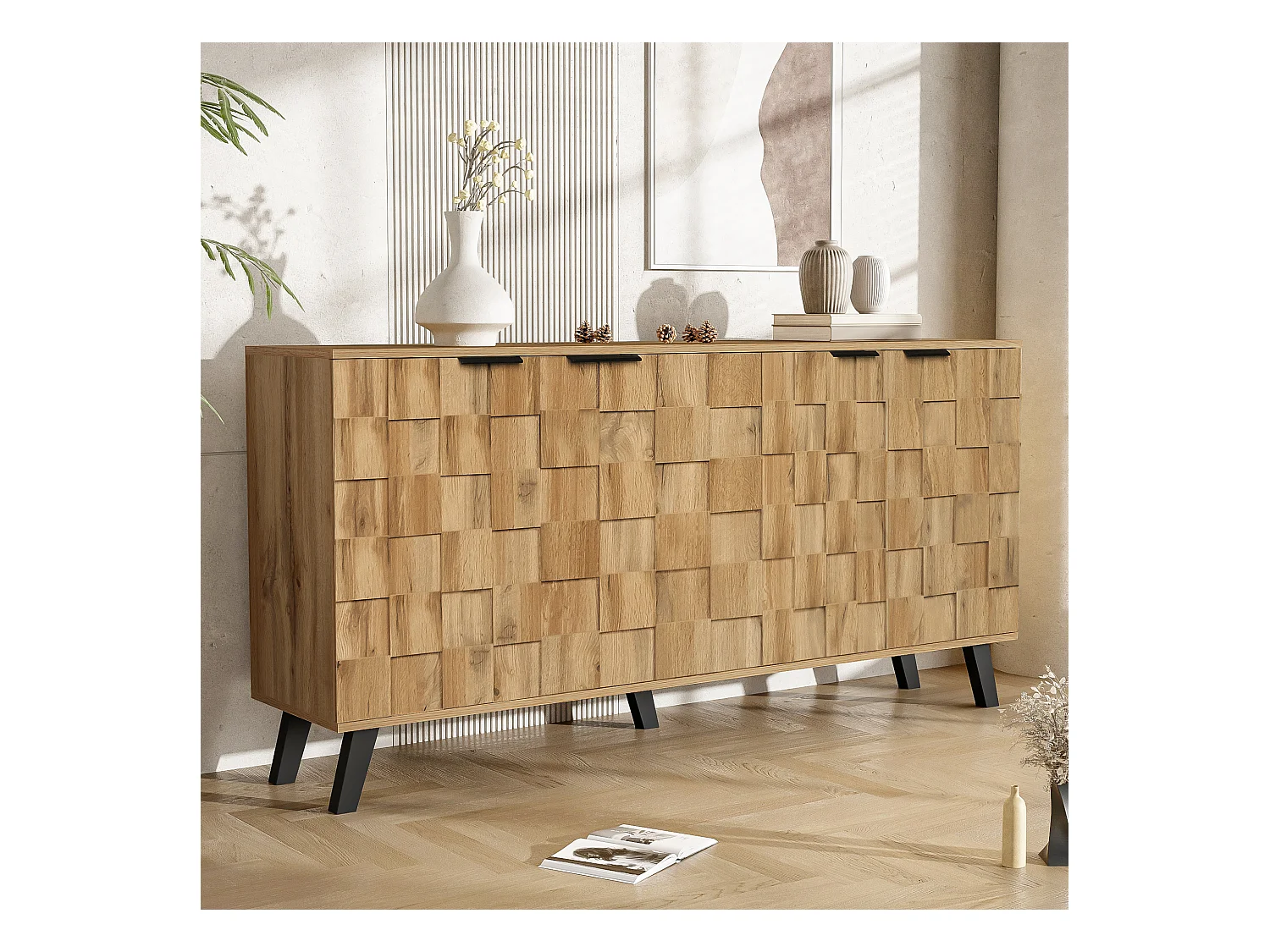 Buffet moderne effet bois à 4 portes 160,5x35,5x78cm