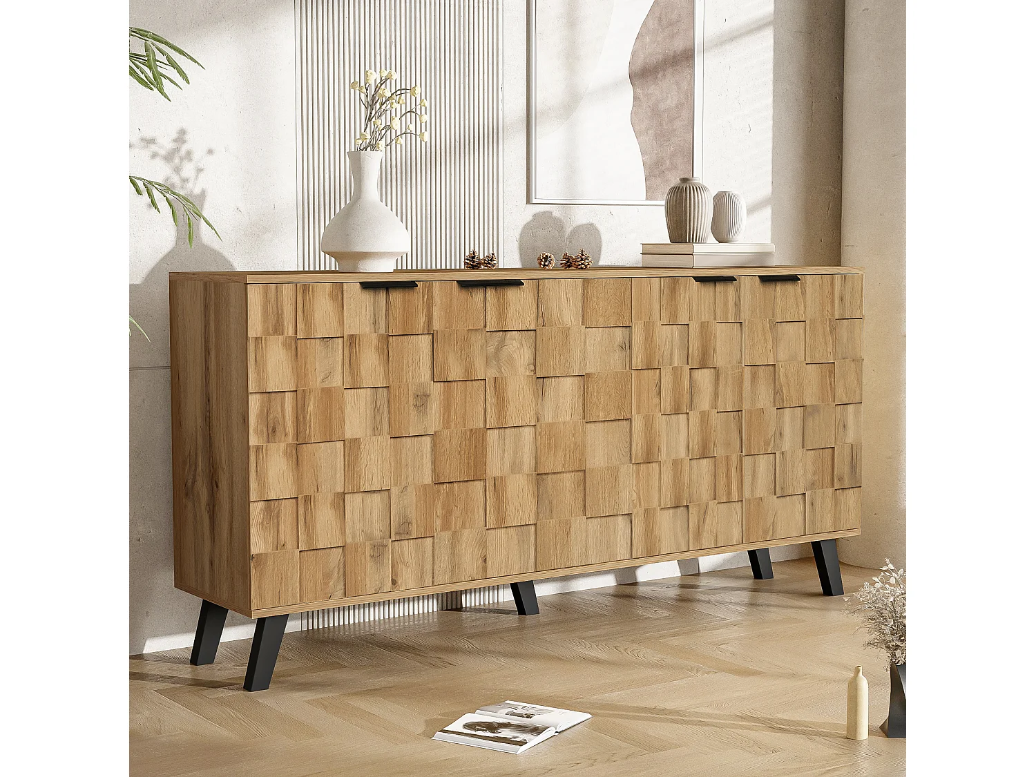 Buffet moderne effet bois à 4 portes 160,5x35,5x78cm