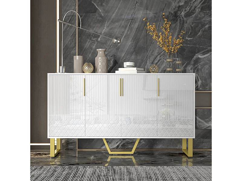 URBAN MEUBLE Buffet blanc laqué motifs géométriques pieds et poignées métalliques dorés