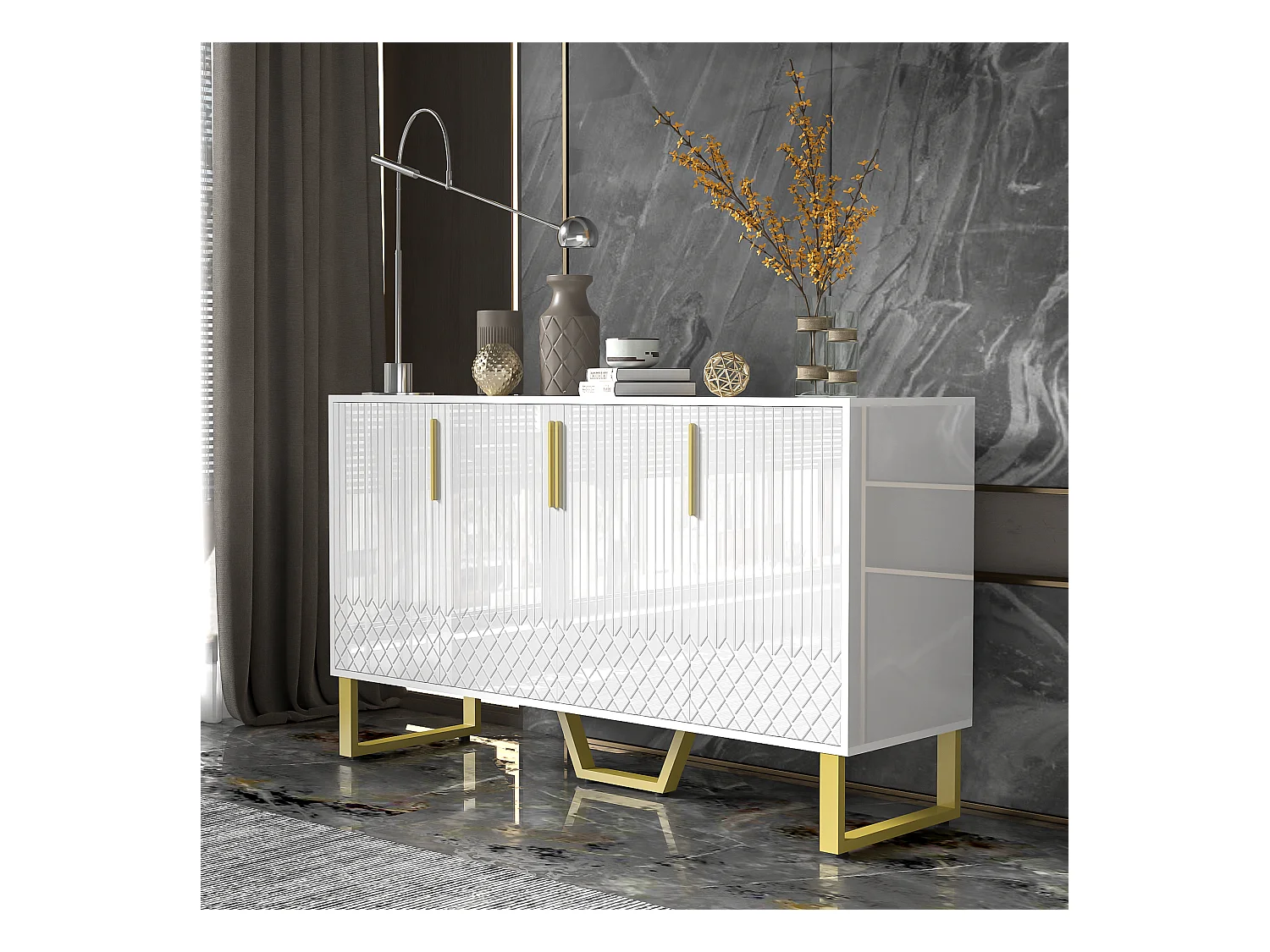 URBAN MEUBLE Buffet blanc laqué motifs géométriques pieds et poignées métalliques dorés