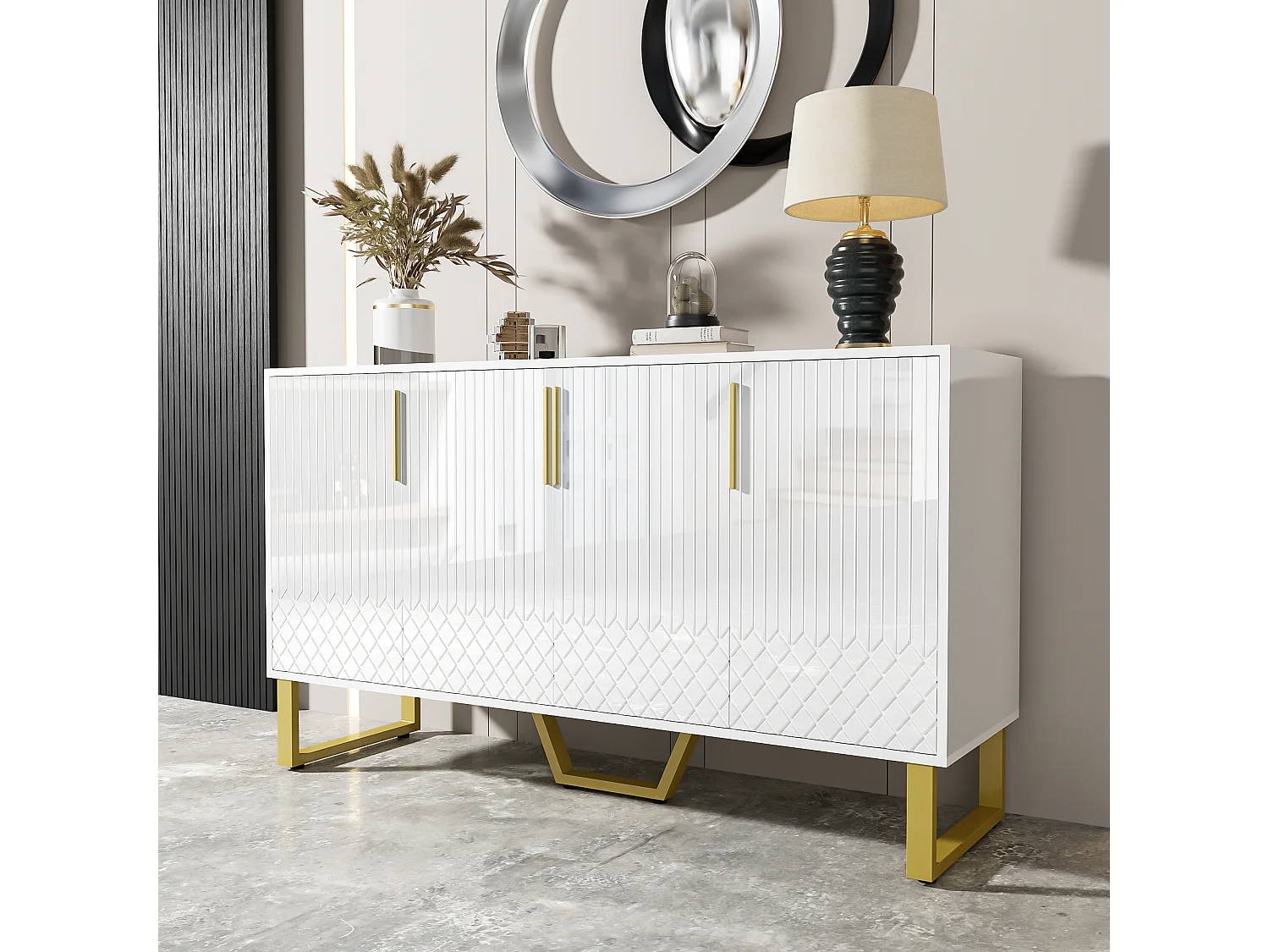 URBAN MEUBLE Buffet blanc laqué motifs géométriques pieds et poignées métalliques dorés