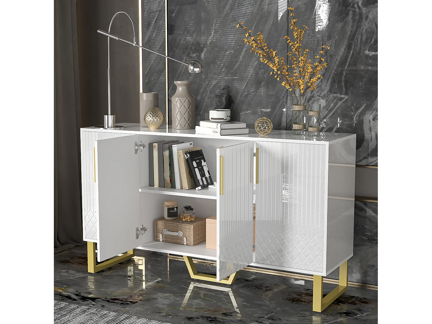 URBAN MEUBLE Buffet blanc laqué motifs géométriques pieds et poignées métalliques dorés