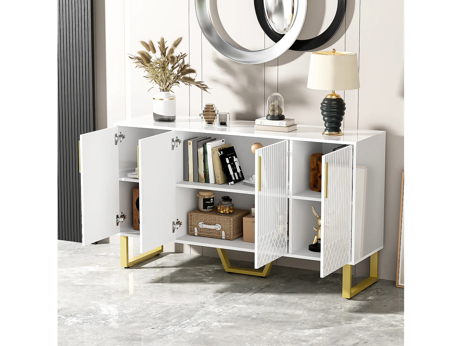 URBAN MEUBLE Buffet blanc laqué motifs géométriques pieds et poignées métalliques dorés