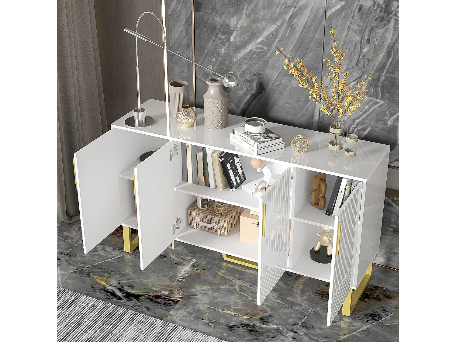 URBAN MEUBLE Buffet blanc laqué motifs géométriques pieds et poignées métalliques dorés