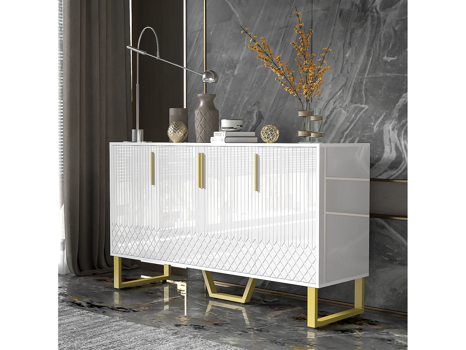 URBAN MEUBLE Buffet blanc laqué motifs géométriques pieds et poignées métalliques dorés