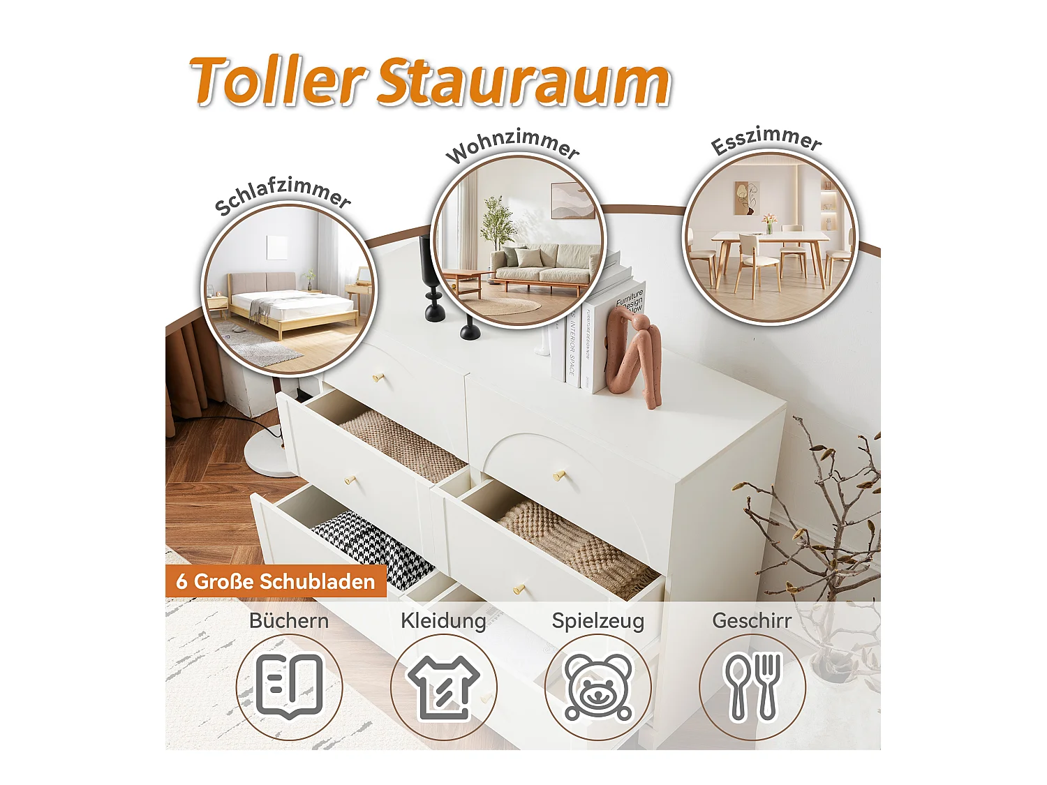 URBAN MEUBLE Buffet blanc 6 tiroirs H82/L120/P40 cm