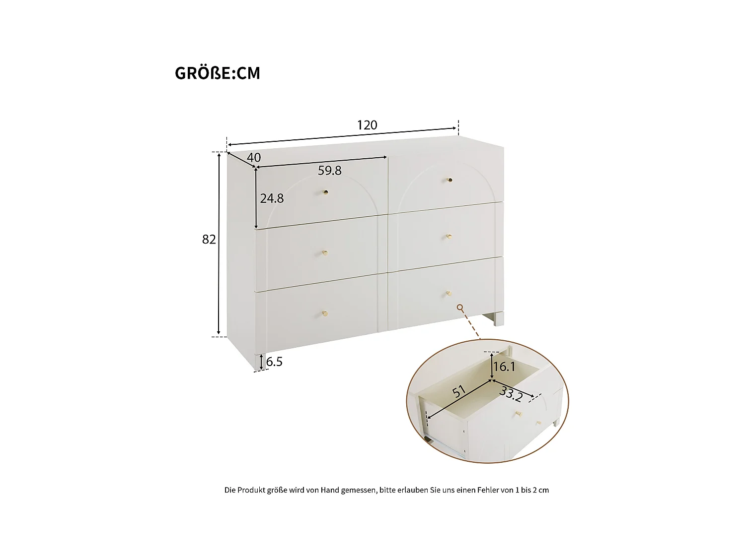 URBAN MEUBLE Buffet blanc 6 tiroirs H82/L120/P40 cm