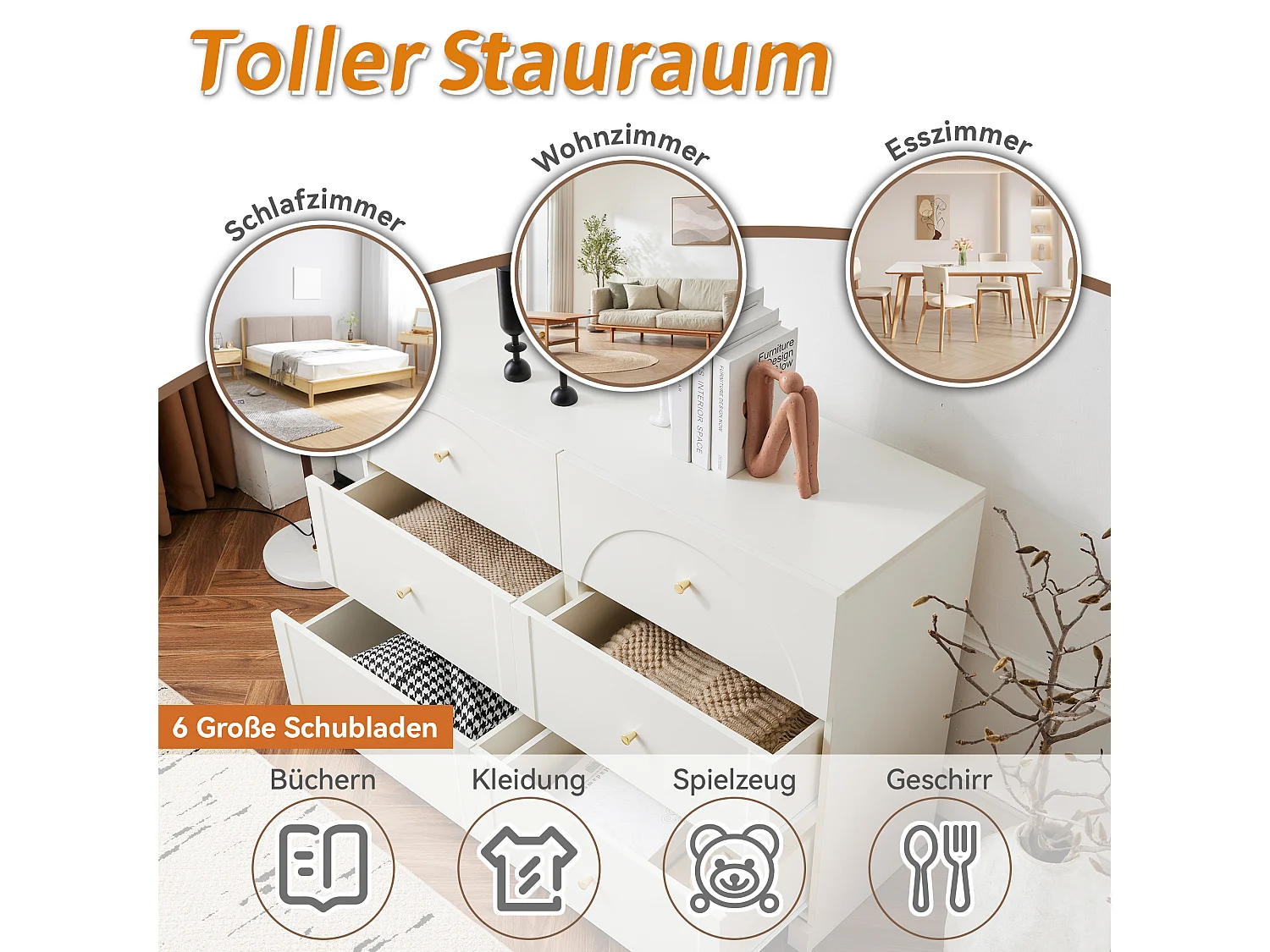 URBAN MEUBLE Buffet blanc 6 tiroirs H82/L120/P40 cm