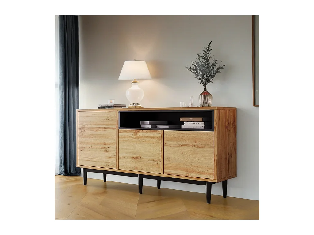 Buffet moderne en bois avec 3 portes 1 niche et étagères 160x35x76 cm