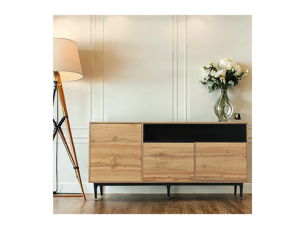 Buffet moderne en bois avec 3 portes 1 niche et étagères 160x35x76 cm