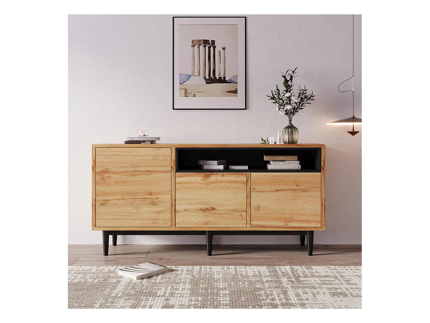 Buffet moderne en bois avec 3 portes 1 niche et étagères 160x35x76 cm