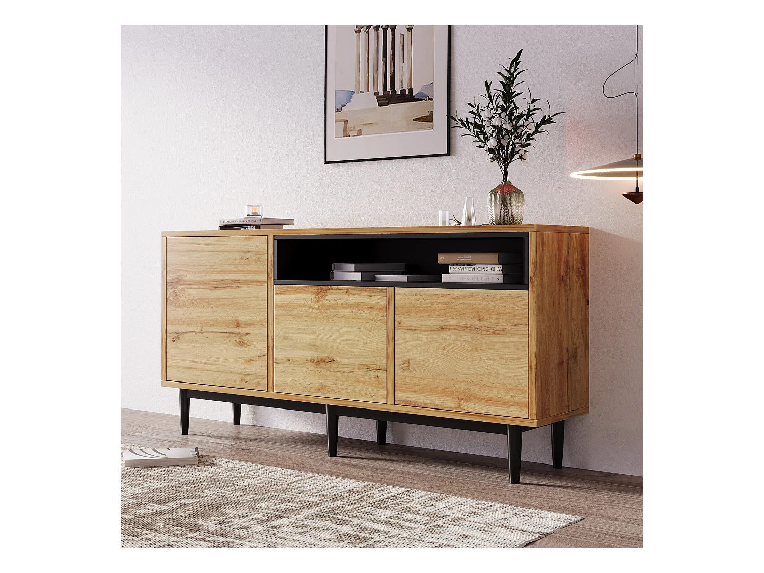 Buffet moderne en bois avec 3 portes 1 niche et étagères 160x35x76 cm