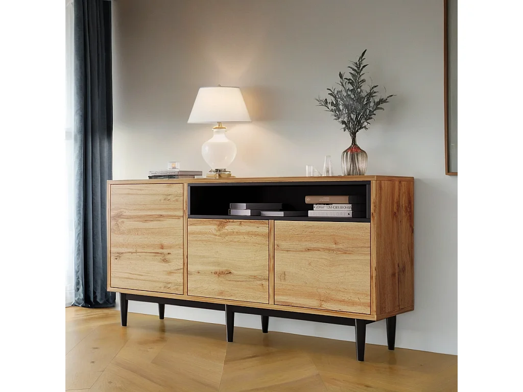 Buffet moderne en bois avec 3 portes 1 niche et étagères 160x35x76 cm