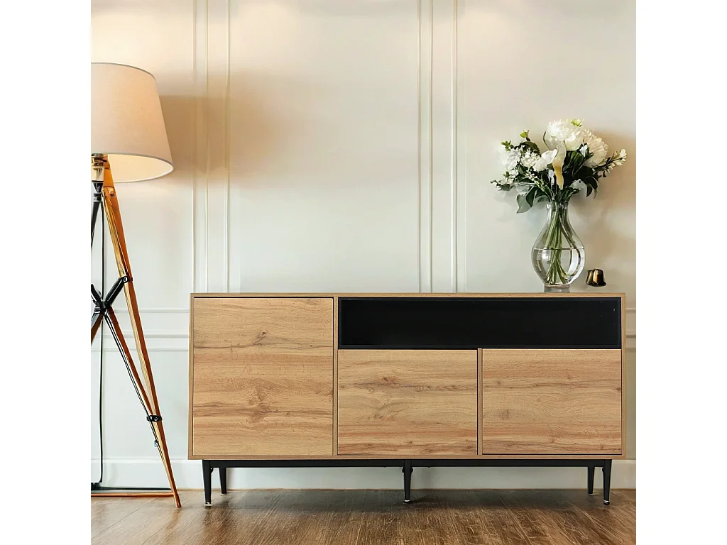 Buffet moderne en bois avec 3 portes 1 niche et étagères 160x35x76 cm