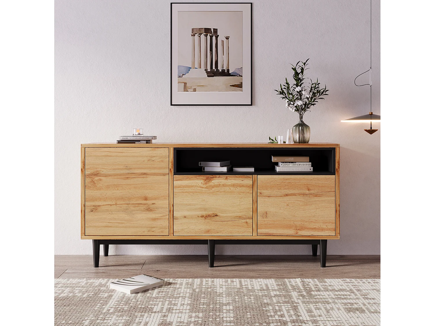 Buffet moderne en bois avec 3 portes 1 niche et étagères 160x35x76 cm