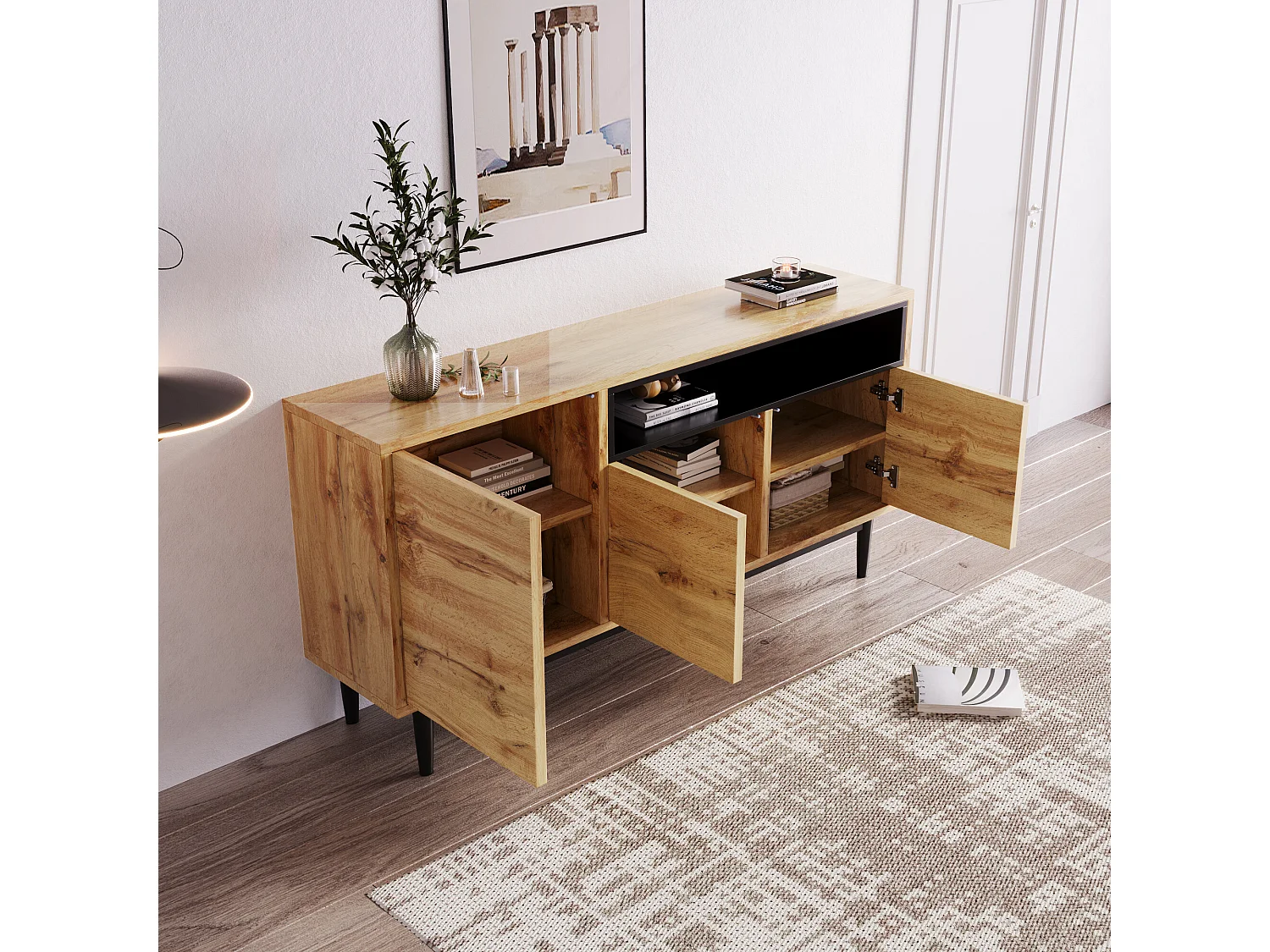 Buffet moderne en bois avec 3 portes 1 niche et étagères 160x35x76 cm
