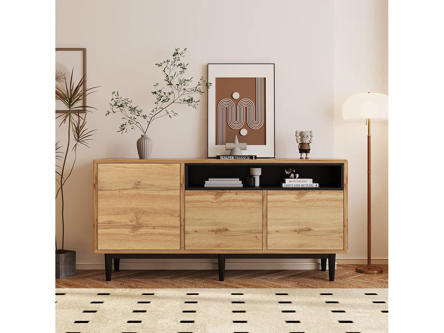 Buffet moderne en bois avec 3 portes 1 niche et étagères 160x35x76 cm