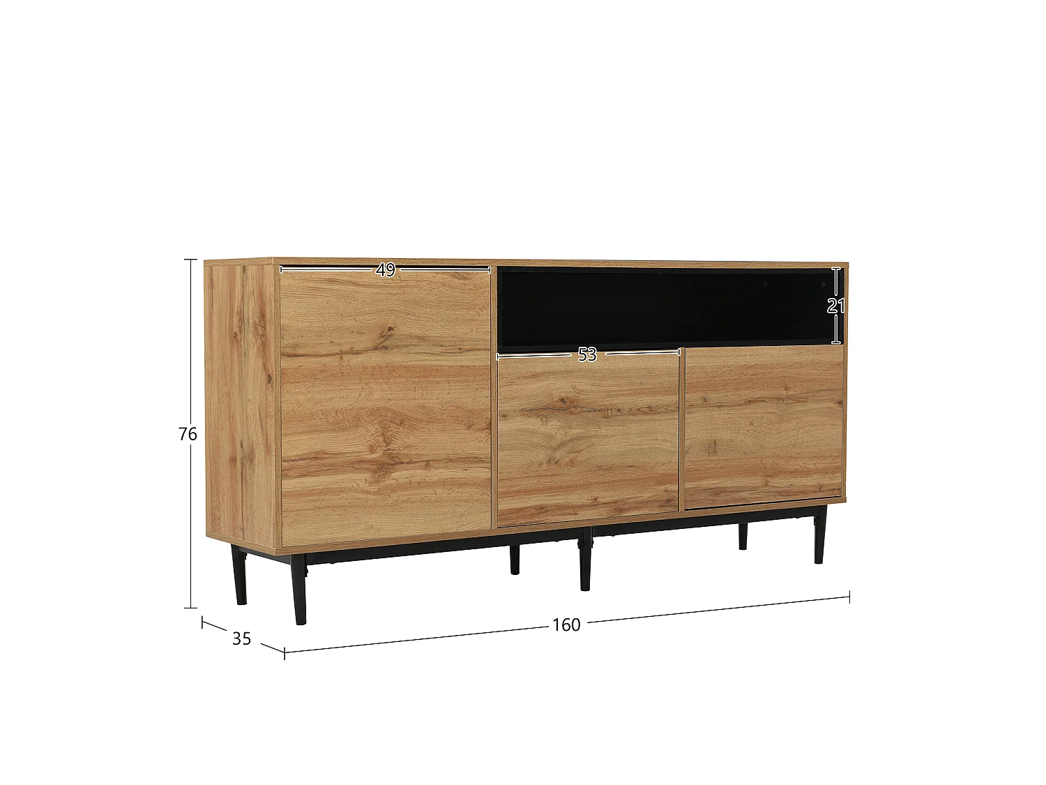 Buffet moderne en bois avec 3 portes 1 niche et étagères 160x35x76 cm