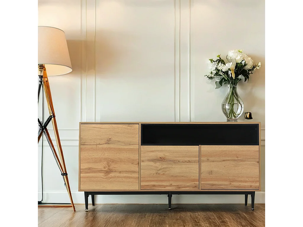 Buffet moderne en bois avec 3 portes 1 niche et étagères 160x35x76 cm