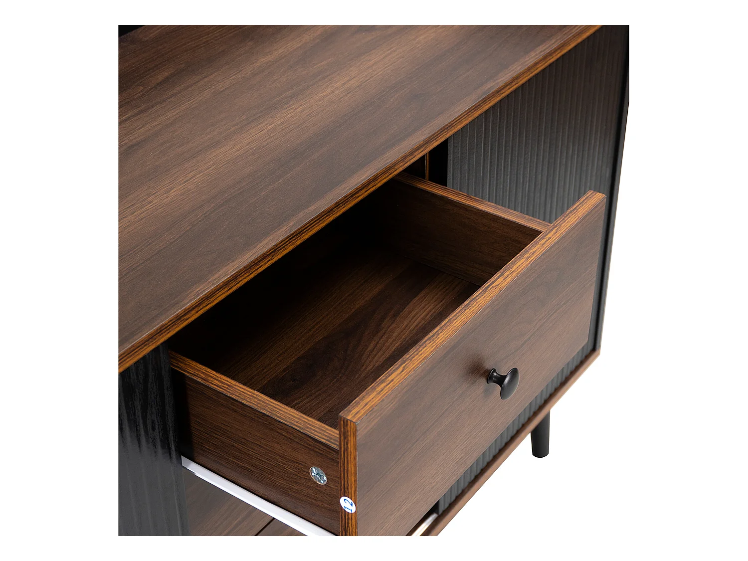 Buffet élégant vintage effet bois noyer et noir avec 2 portes coulissantes