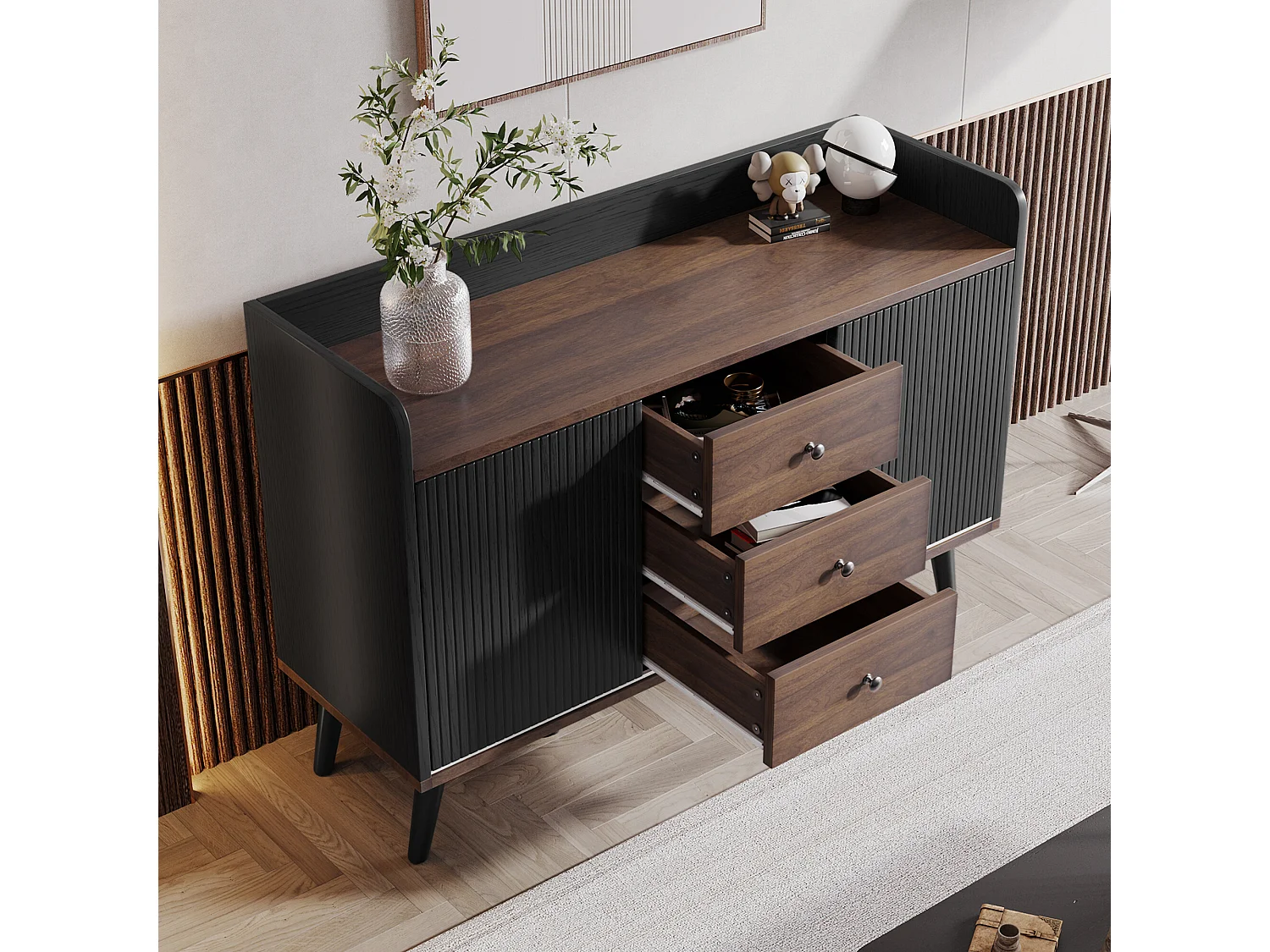 Buffet élégant vintage effet bois noyer et noir avec 2 portes coulissantes