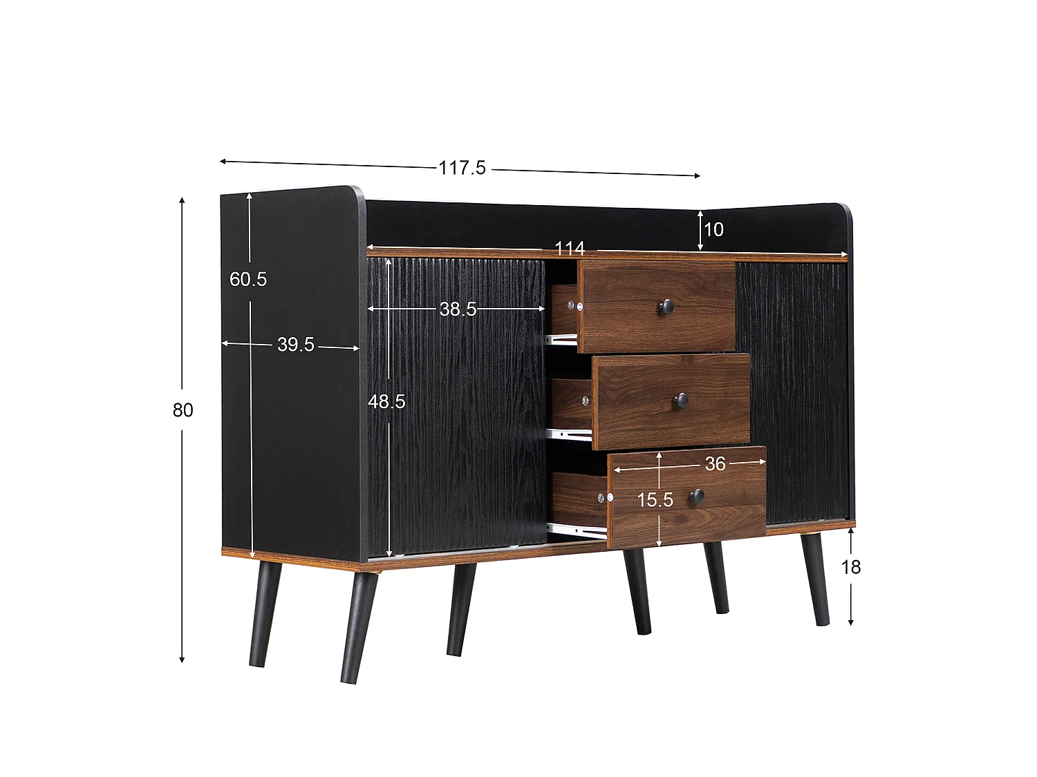 Buffet élégant vintage effet bois noyer et noir avec 2 portes coulissantes