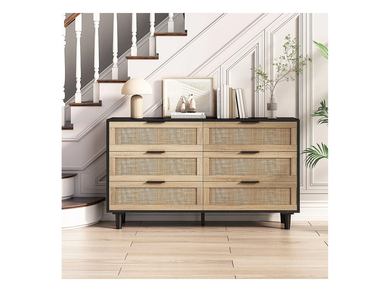 Buffet élégant noir et effet bois 6 tiroirs avec rotin