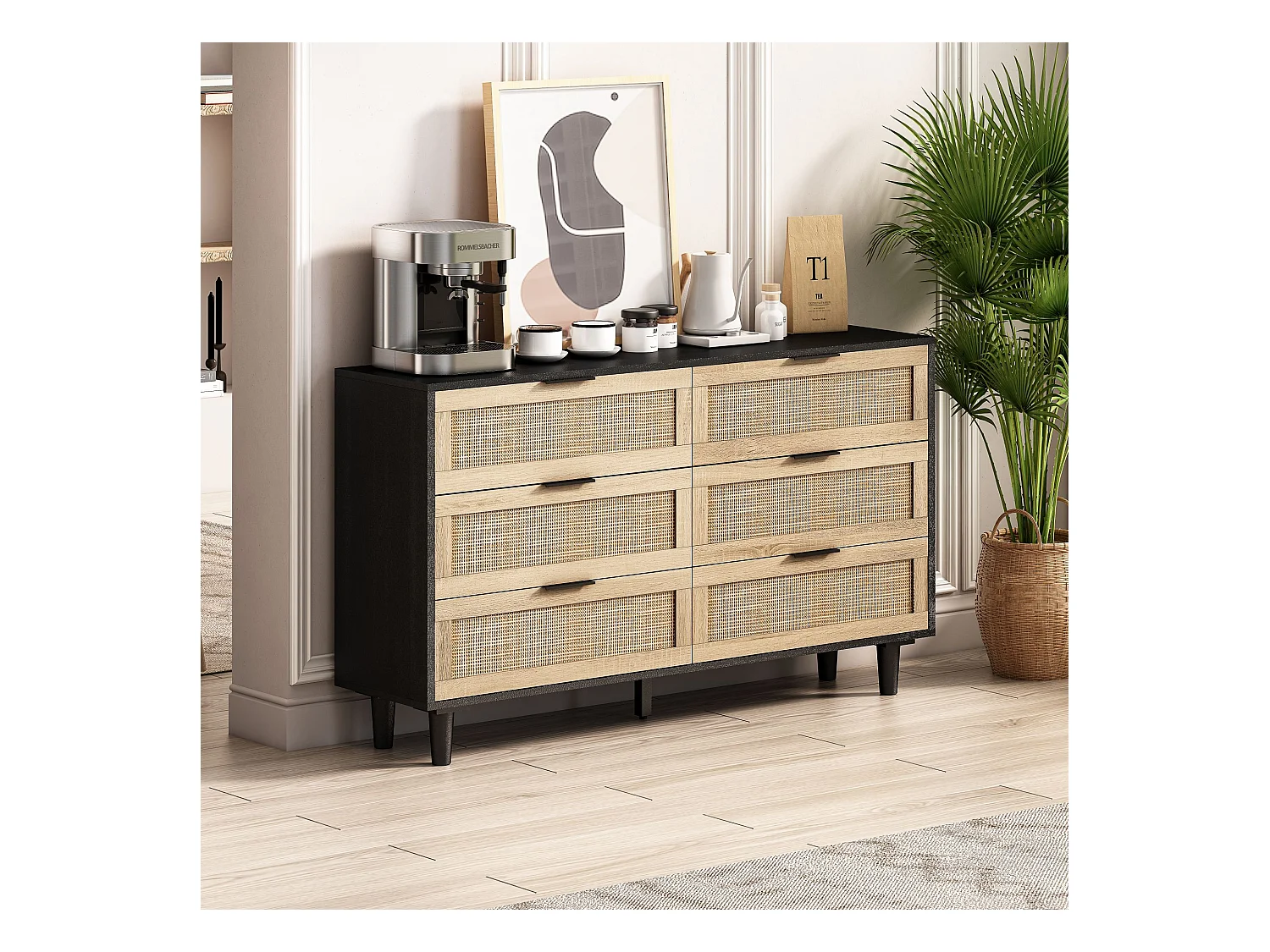 Buffet élégant noir et effet bois 6 tiroirs avec rotin