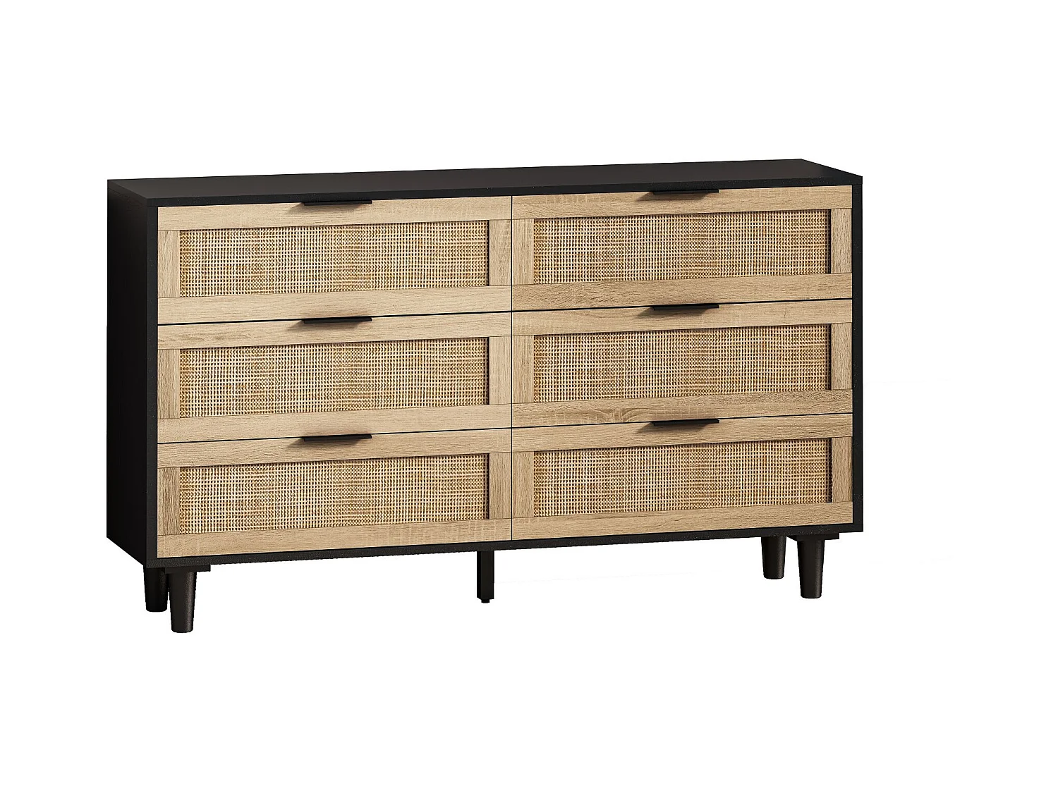Buffet élégant noir et effet bois 6 tiroirs avec rotin