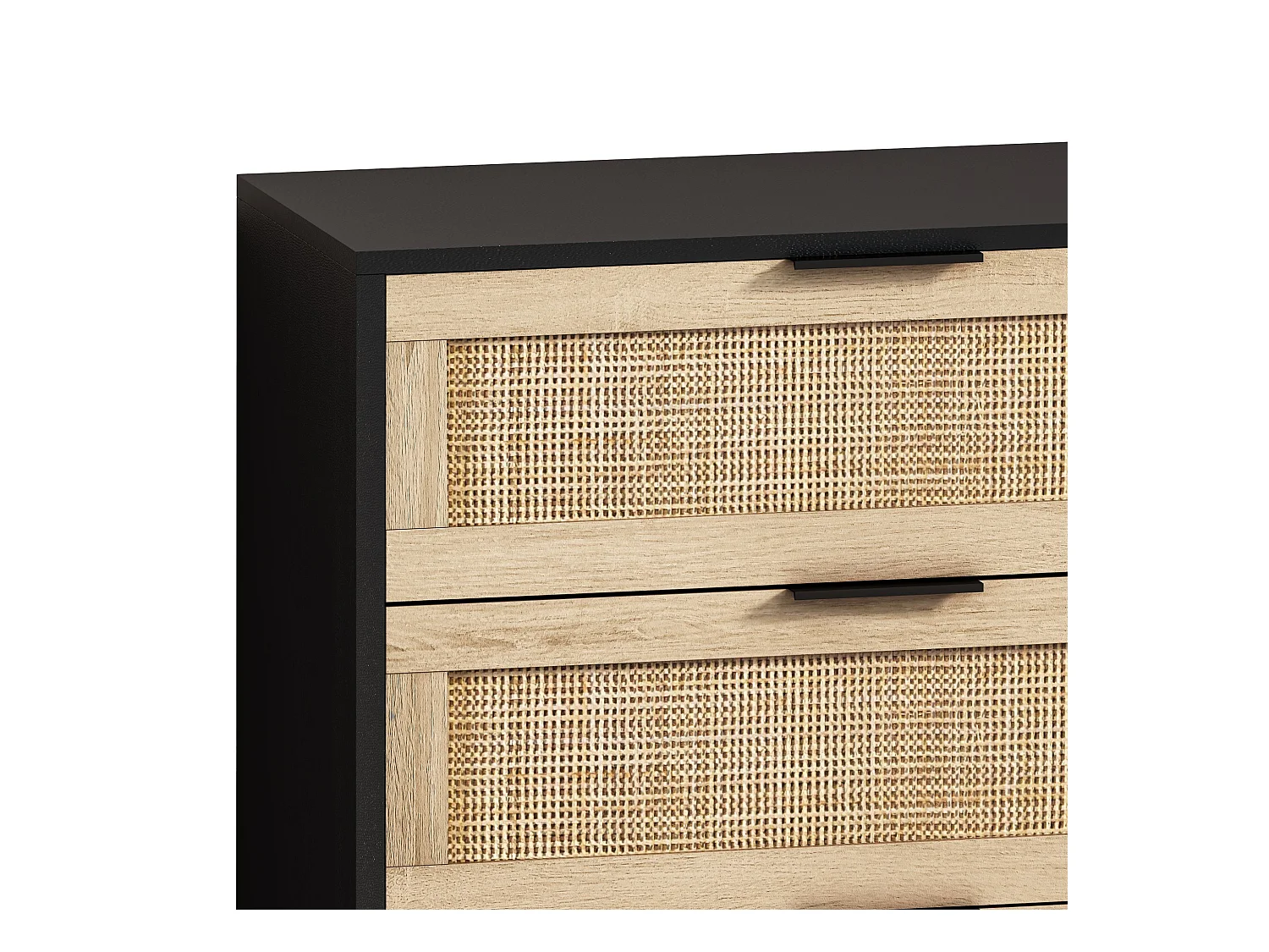 Buffet élégant noir et effet bois 6 tiroirs avec rotin