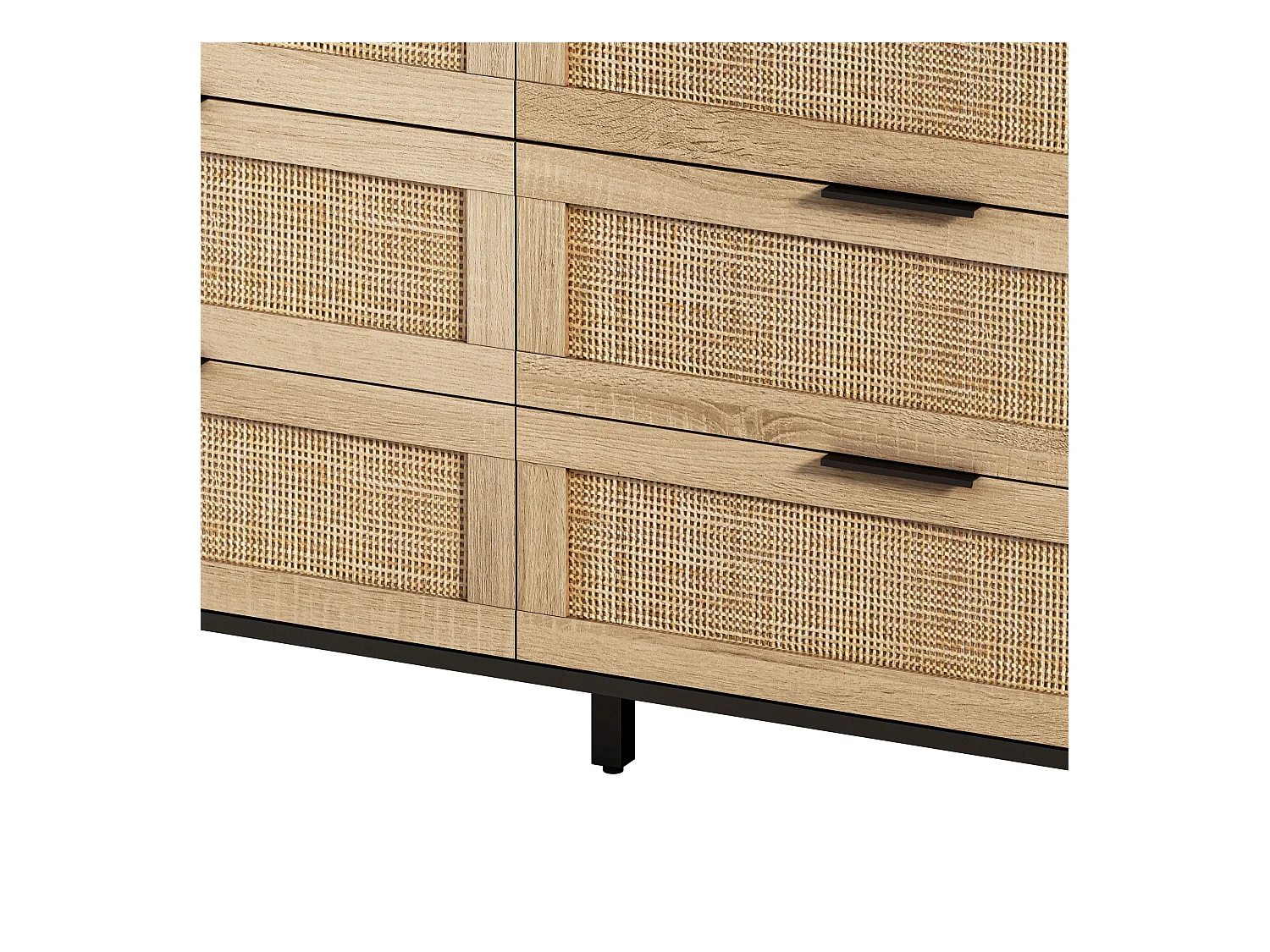 Buffet élégant noir et effet bois 6 tiroirs avec rotin