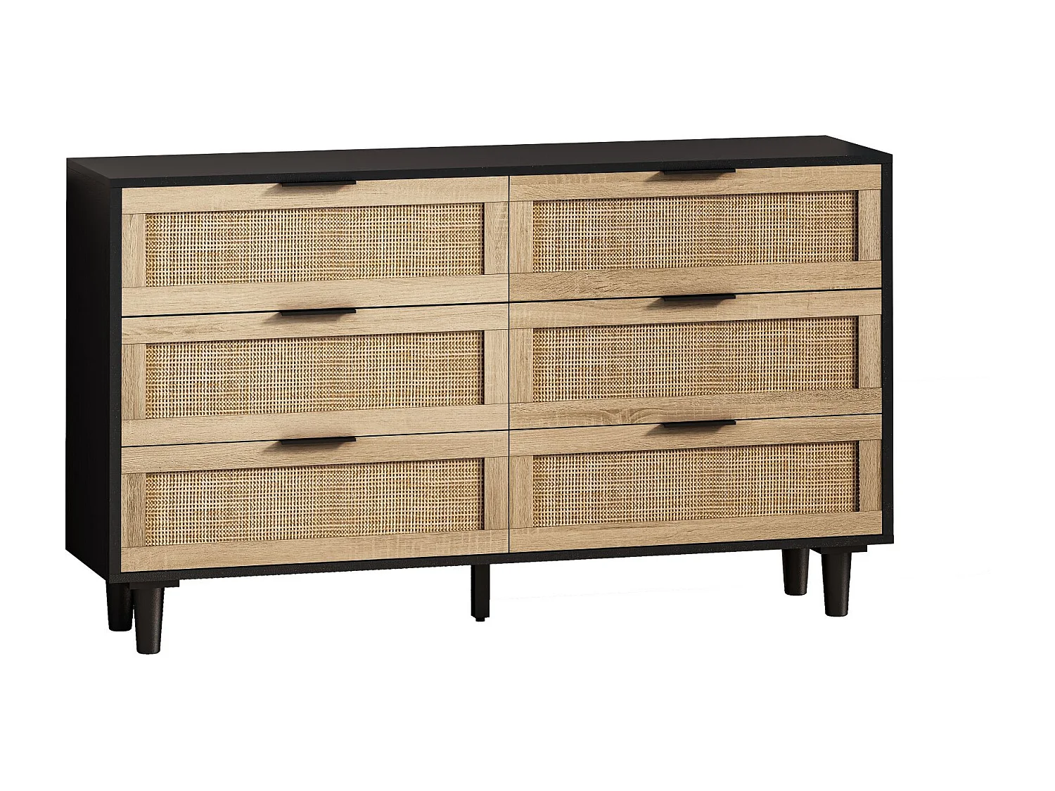 Buffet élégant noir et effet bois 6 tiroirs avec rotin
