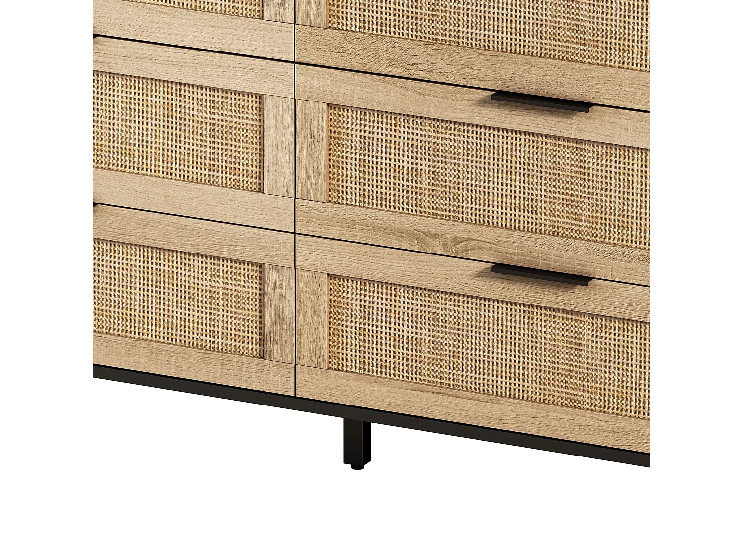 Buffet élégant noir et effet bois 6 tiroirs avec rotin