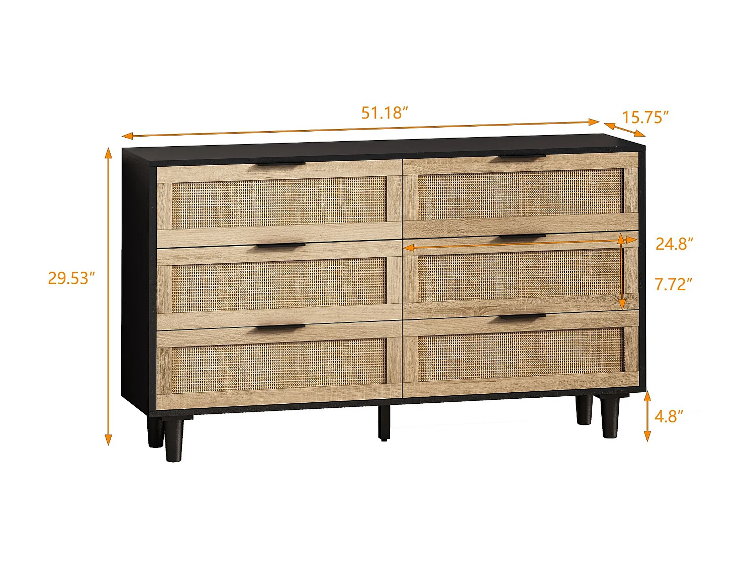 Buffet élégant noir et effet bois 6 tiroirs avec rotin