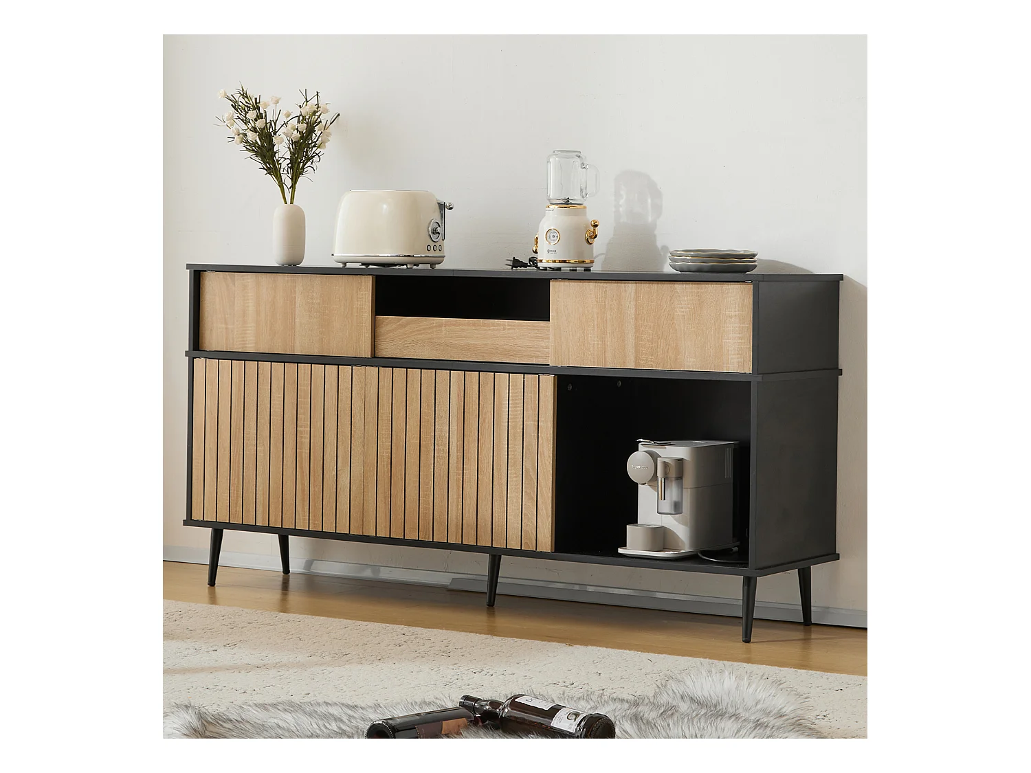 Buffet effet bois chêne avec 4 portes coulissantes et 1 tiroir 160Lx40Px80Hcm