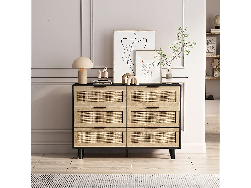 Buffet élégant noir effet bois 6 tiroirs avec rotin